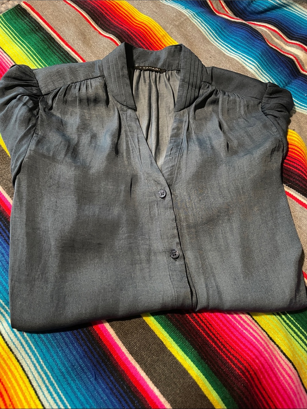Tahari Gray/Blue (satin like) V-Neck Button Front Blouse with billowy sleeves